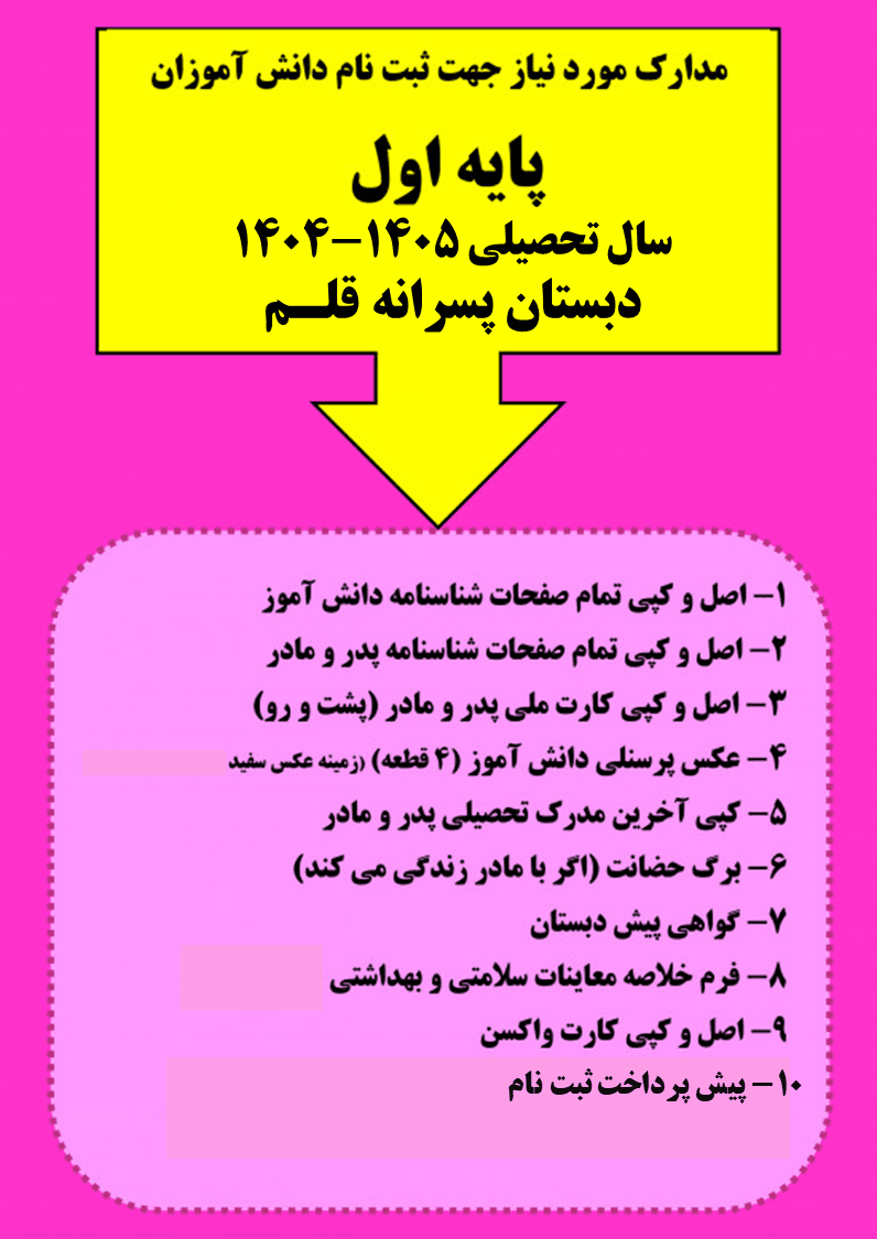 مدارک مورد نیاز ثبت نام پایه اول